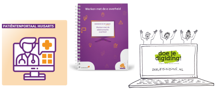 Tegel DigiVitaler-les Patiëntenportaal huisarts, afbeelding werkboek Digisterker-cursus en afbeelding lesprogramma Doe je digiding!
