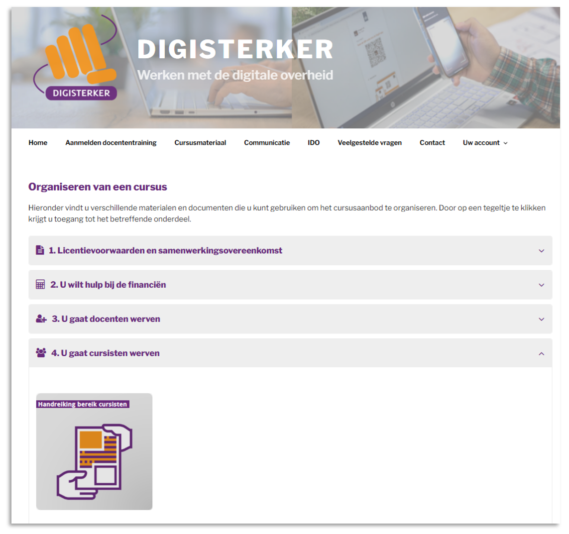 De webpagina 'Organiseren van een cursus' op digisterkercursus.nl met daarop de tegel 'Handreiking bereik cursisten'