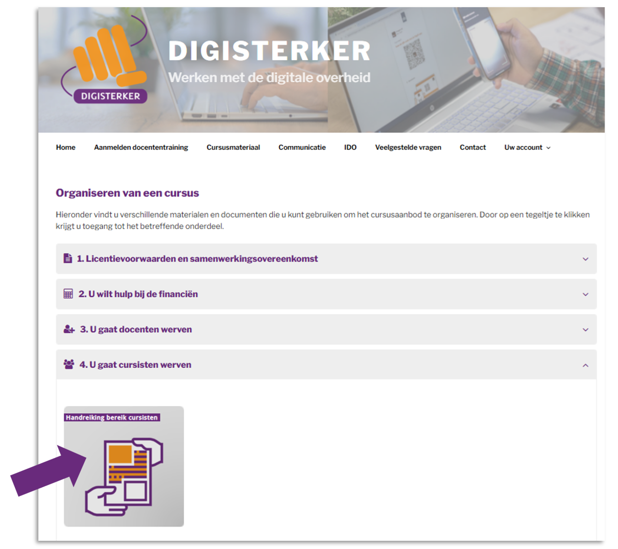De webpagina 'Organiseren van een cursus' op digisterkercursus.nl met daarop de tegel 'Handreiking bereik cursisten'