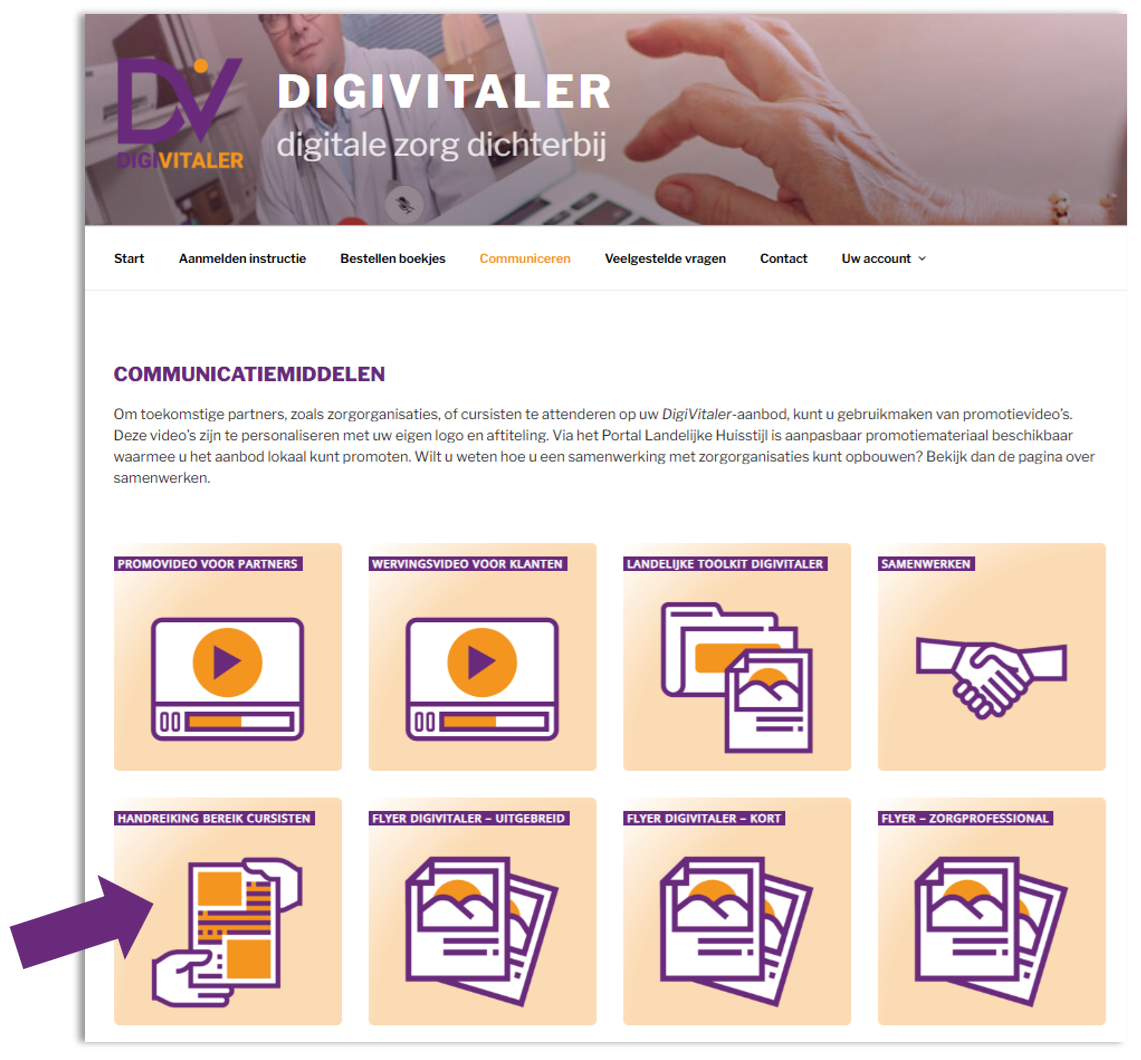 De webpagina 'Comunnicatiemiddelen' op digivitaler.nl met daarop de tegel 'Handreiking bereik cursisten'