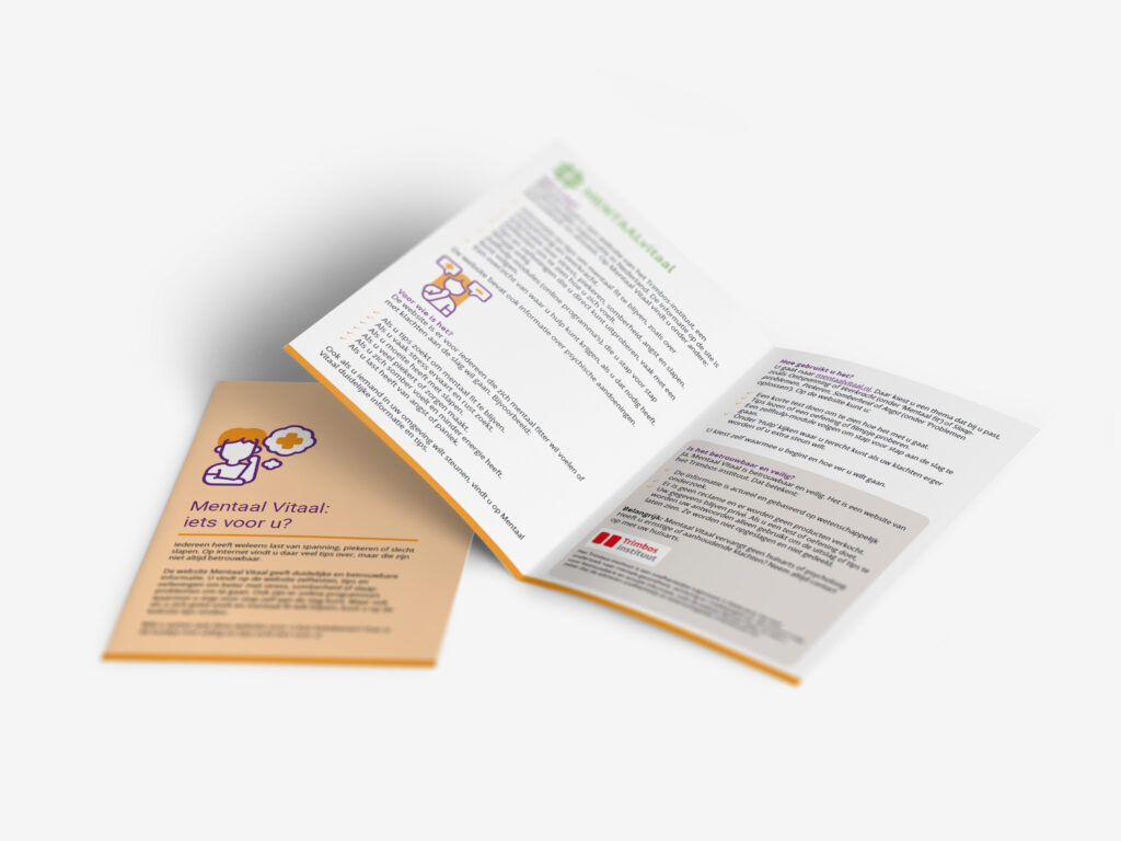 Een afbeelding van het boekje 'Mentaal Vitaal' dat bij de les hoort. U ziet het omslag en daarnaast het boekje opgeslagen.