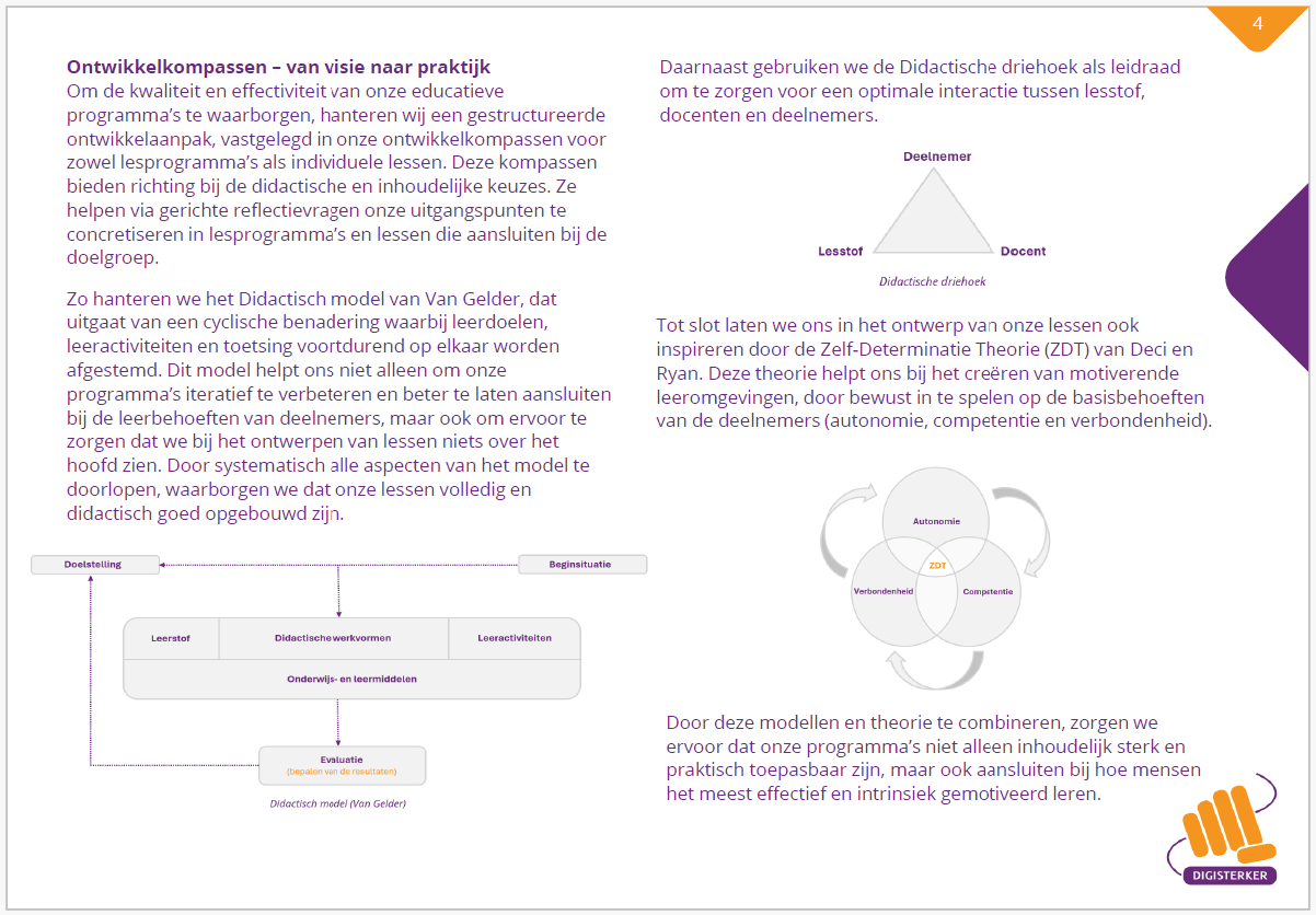 Pagina in het Ontwikkelmanifest Lesprogramma's Stichting Digisterker, waarop de drie didactische modellen/theorieën kort worden uitgelegd