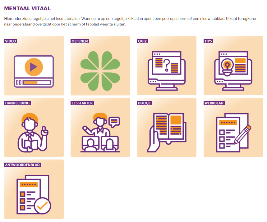 Screenshot van de webpagina ‘Mentaal Vitaal' op digivitaler.nl, met het lesmateriaal bestemd voor de docent