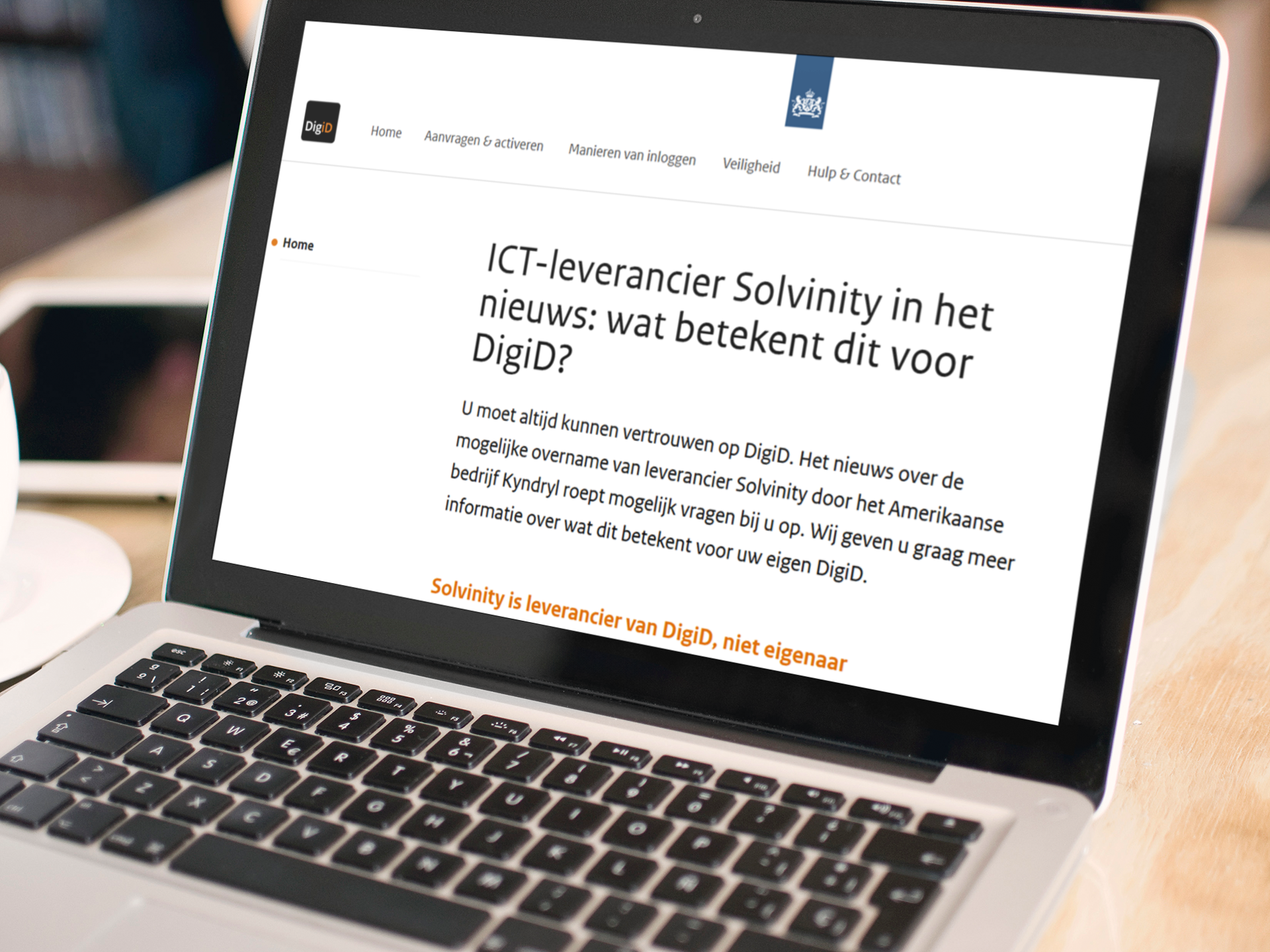Laptopscherm waarop de website www.digid.nl/solvinity te zien is