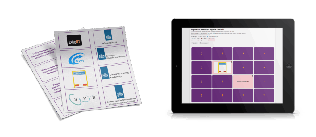 Een papieren variant van Memory met logo's en beschrijvingen van de organisatie en de online variant van Memory op een tablet met een kaartje zichtbaar van de gemeente en de omschrijving wat je er kunt