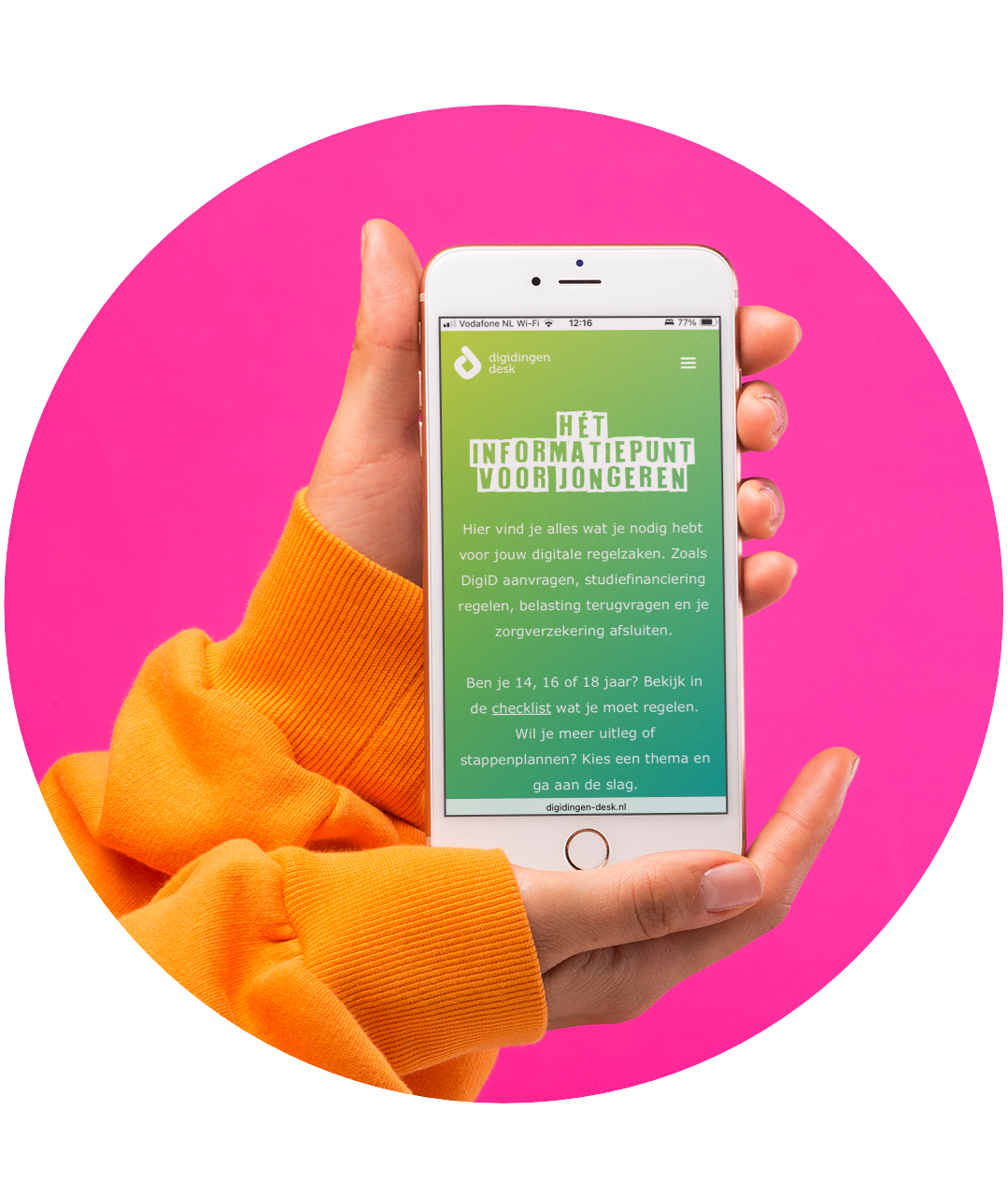 Mobiel met de website digidingen-desk.nl