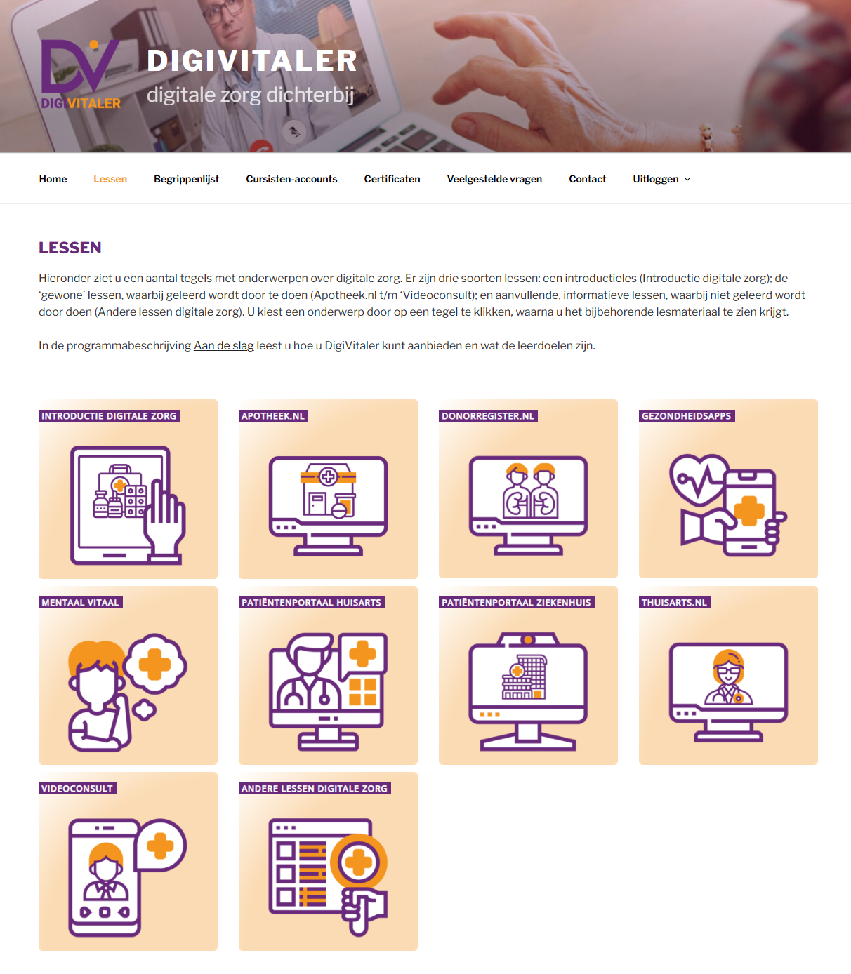Screenshot van de webpagina 'Lessen' op digivitaler.nl