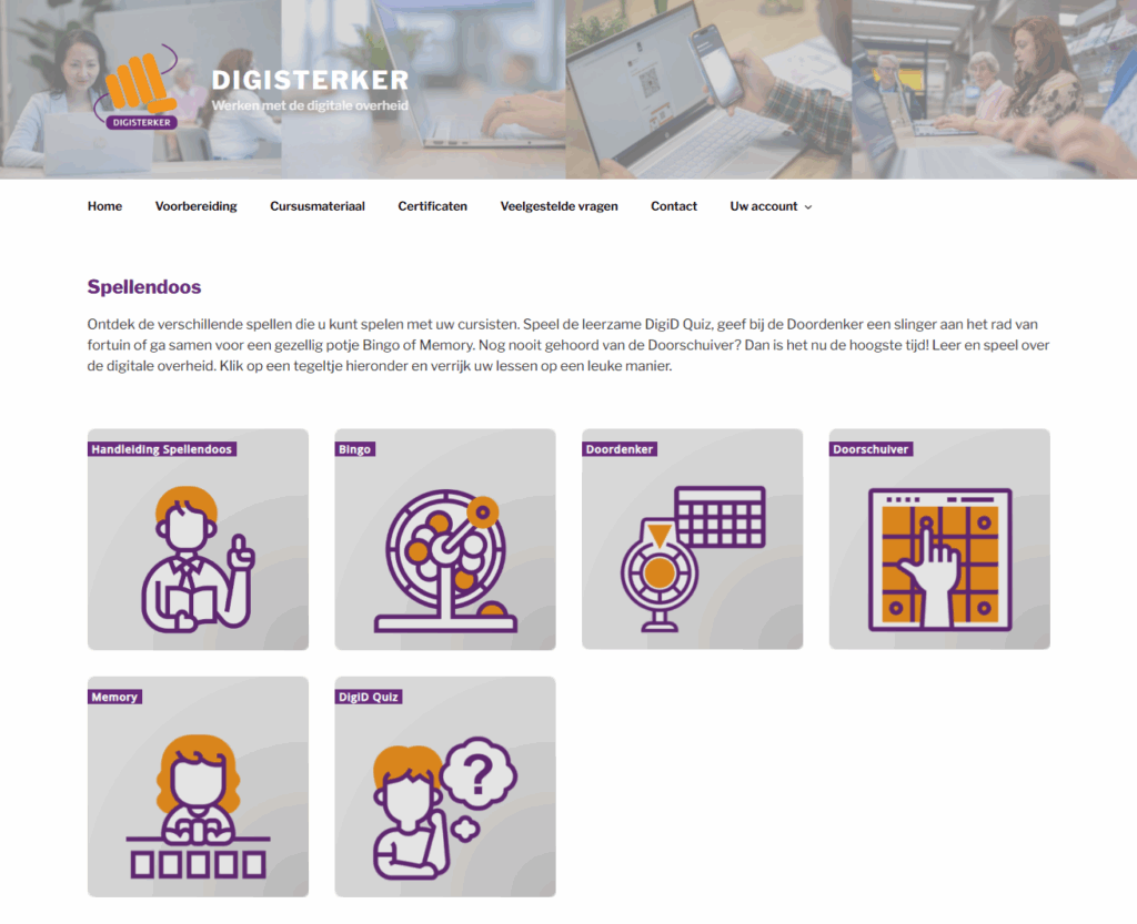 Screenshot van de webpagina van de Spellendoos op digisterkercursus.nl