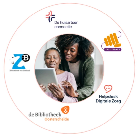 Logo's van De huisartsenconnectie, ZB Bibliotheek van Zeeland, bibliotheek Oosterschelde, Stichting Digisterker en Stichting Helpdesk Digitale Zorg