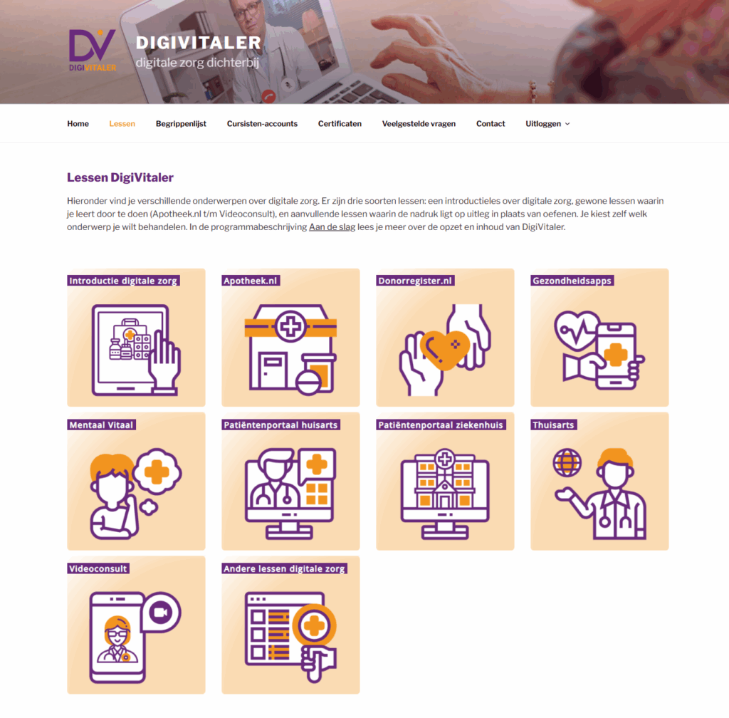 Overzichtspagina 'Lessen' op digivitaler.nl