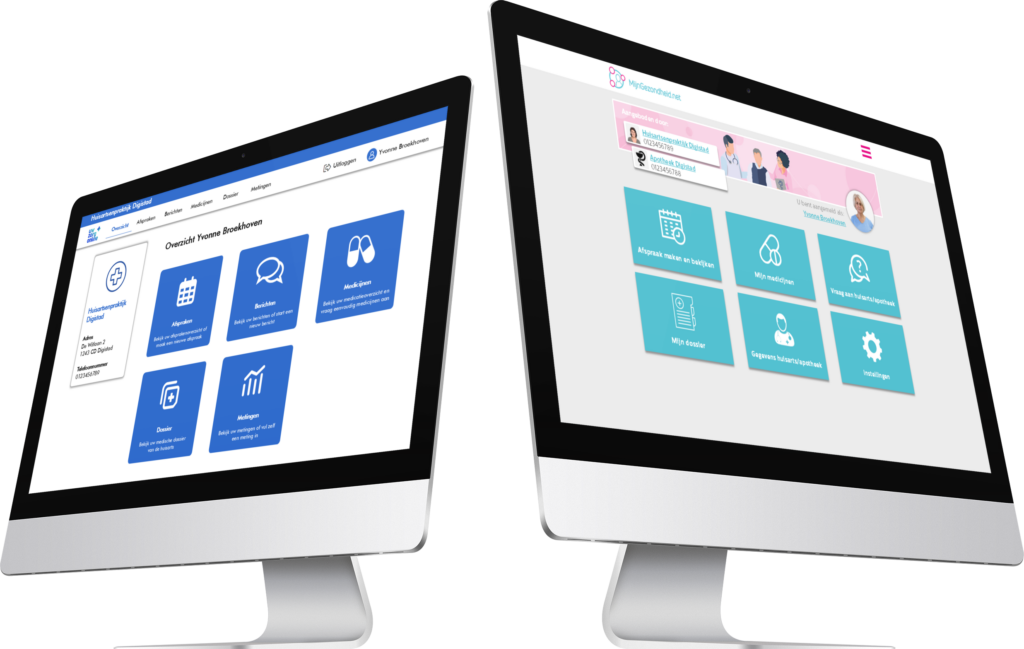 Twee computerschermen; 1 met de website van Uw Zorg Online en de ander van de website MijNGezondheid.net