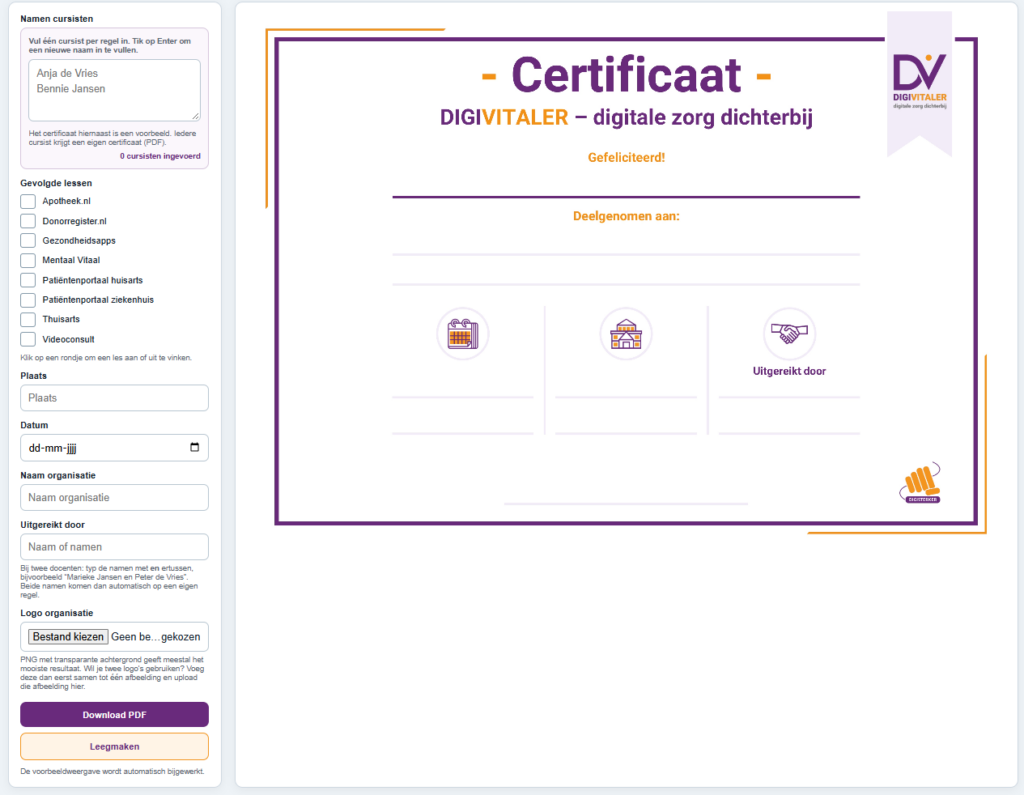 Online tool om certificaten voor cursisten te maken voor DigiVitaler