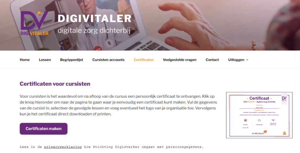 Locatie op de website waar de certificaten-tool staat